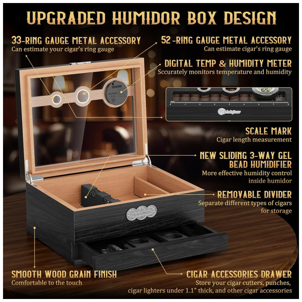 Umidor para Charutos LIHTUN Tampa de Vidro Madeira de Cedro com Higrômetro Digital e Balança Modelo HJXMH 1