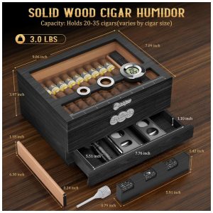 Umidor para Charutos LIHTUN Tampa de Vidro Madeira de Cedro com Higrômetro Digital e Balança Modelo HJXMH 1