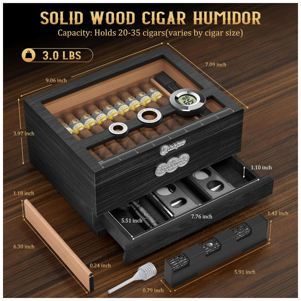 Umidor para Charutos LIHTUN Tampa de Vidro Madeira de Cedro com Higrômetro Digital e Balança Modelo HJXMH 1