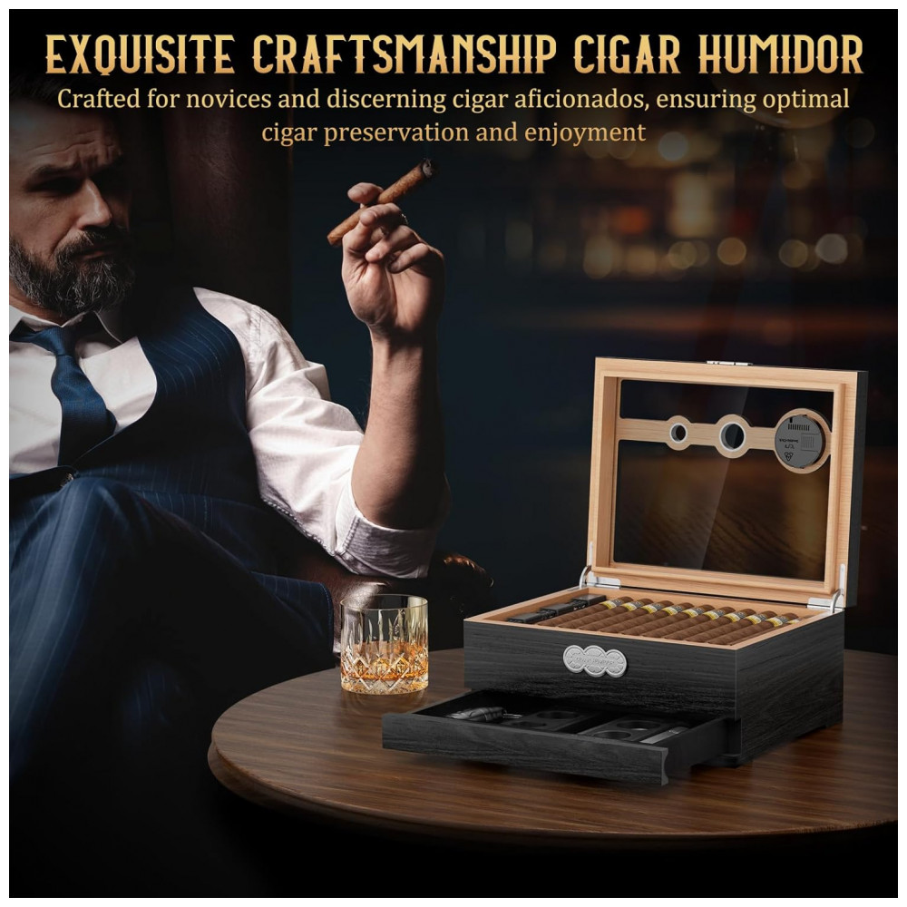 Umidor para Charutos LIHTUN Tampa de Vidro Madeira de Cedro com Higrômetro Digital e Balança Modelo HJXMH 1