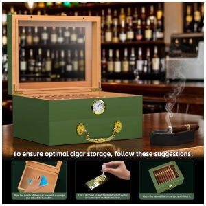 Umidor TRBIHCX Verde Esmeralda com Cedro Espanhol Tampa de Vidro e Gaveta para 20 a 50 Charutos