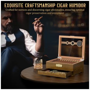Umidor de Charutos LIHTUN com Tampa de Vidro, Higrômetro Digital e Gaveta para Acessórios Modelo HJXMH 1