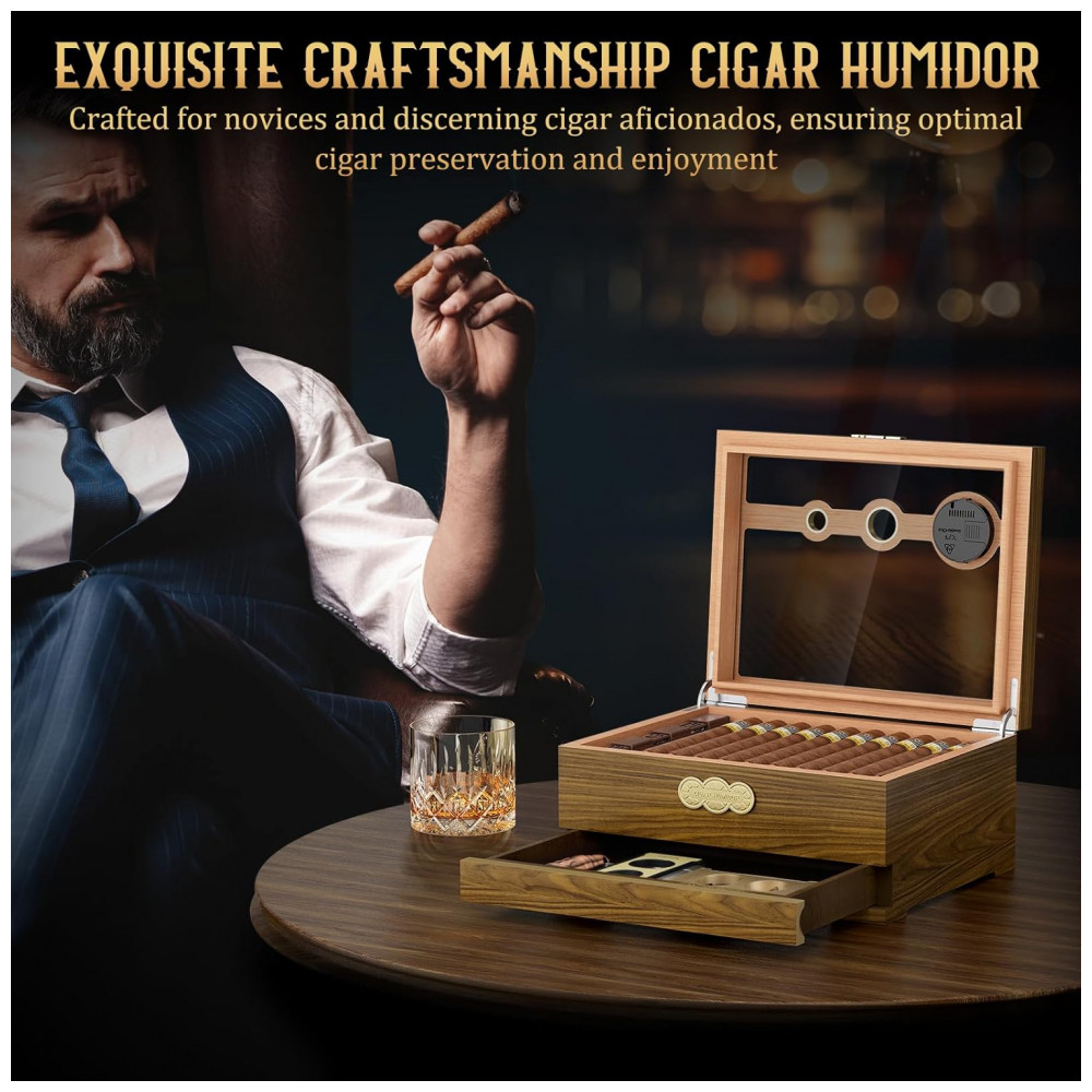 Umidor de Charutos LIHTUN com Tampa de Vidro, Higrômetro Digital e Gaveta para Acessórios Modelo HJXMH 1
