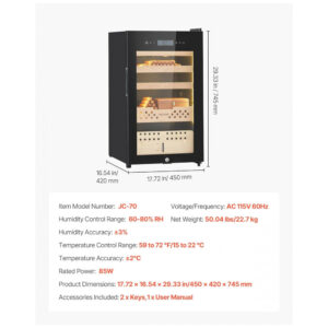 Humidor Elétrico VEVOR 70L Preto Controle Digital Temperatura Umidade 110V