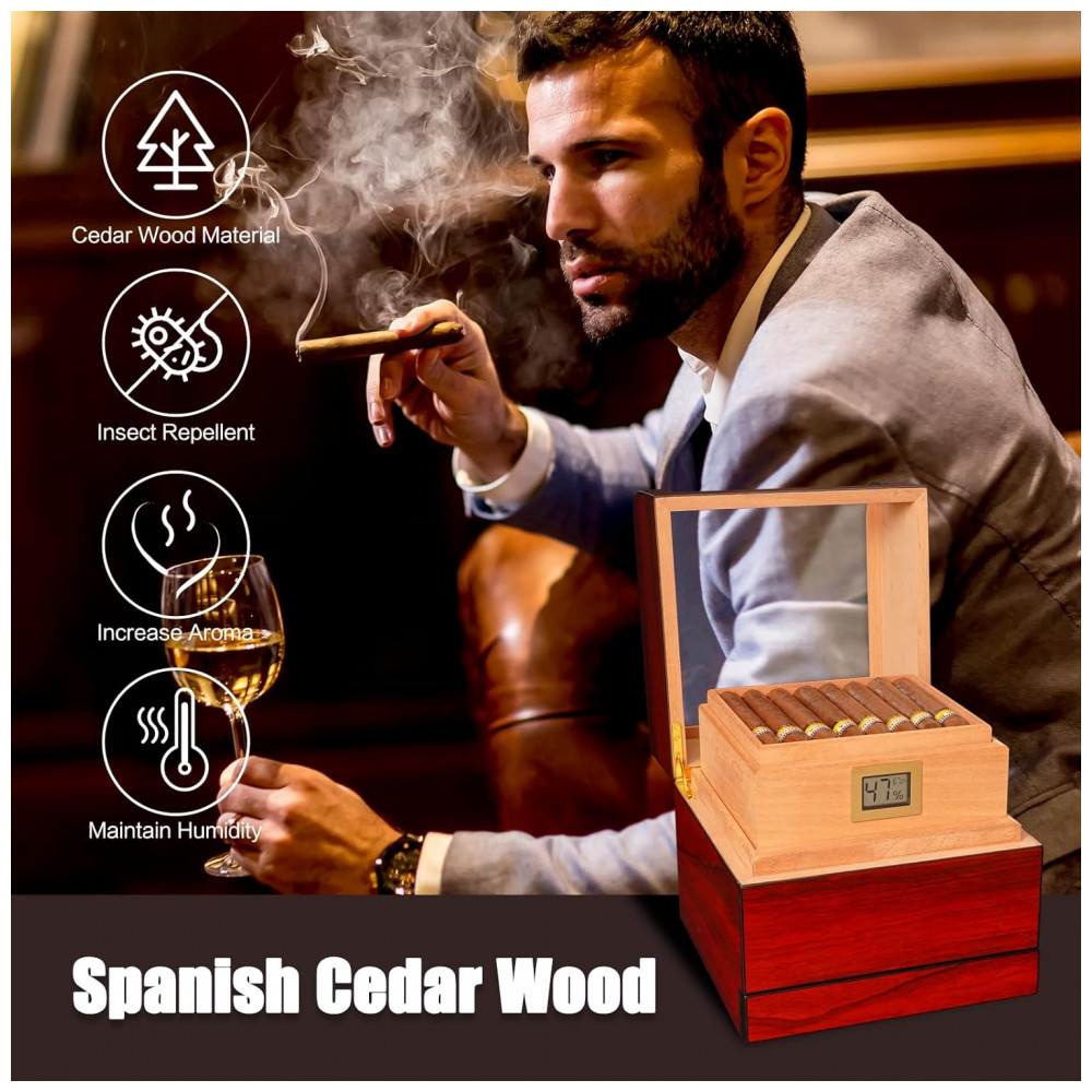 Humidor Charuto W J 1983 Marrom Tampa Vidro com Higrômetro Digital 50 100 Charutos