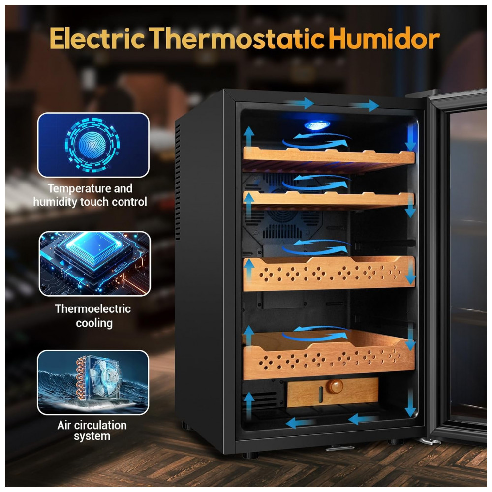 Humidor Elétrico Velieta 70L Preto para 400 Charutos com Controle Digital de Temperatura e Umidade 115V