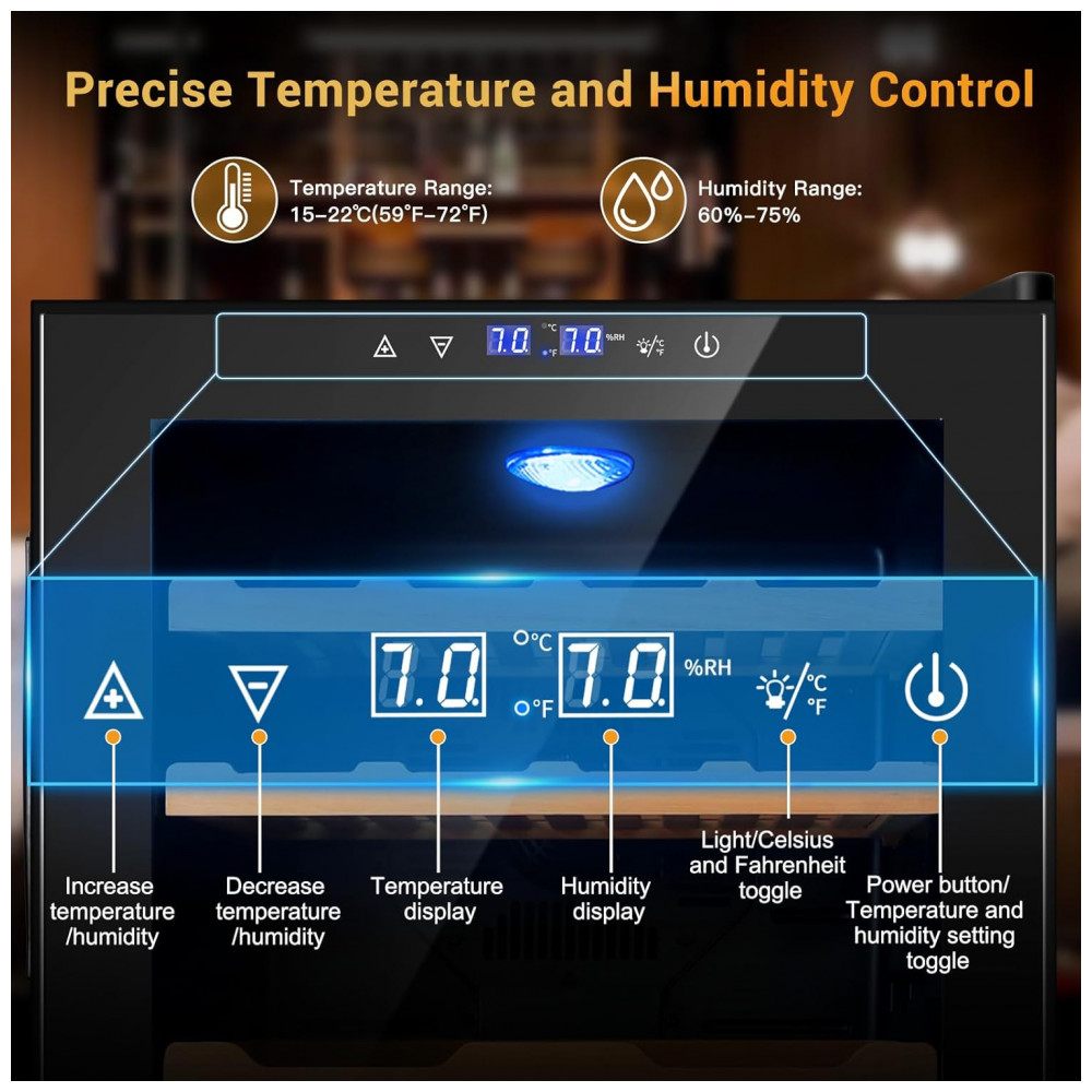 Humidor Elétrico Velieta 70L Preto para 400 Charutos com Controle Digital de Temperatura e Umidade 115V