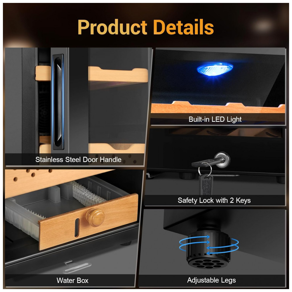 Humidor Elétrico Velieta 70L Preto para 400 Charutos com Controle Digital de Temperatura e Umidade 115V