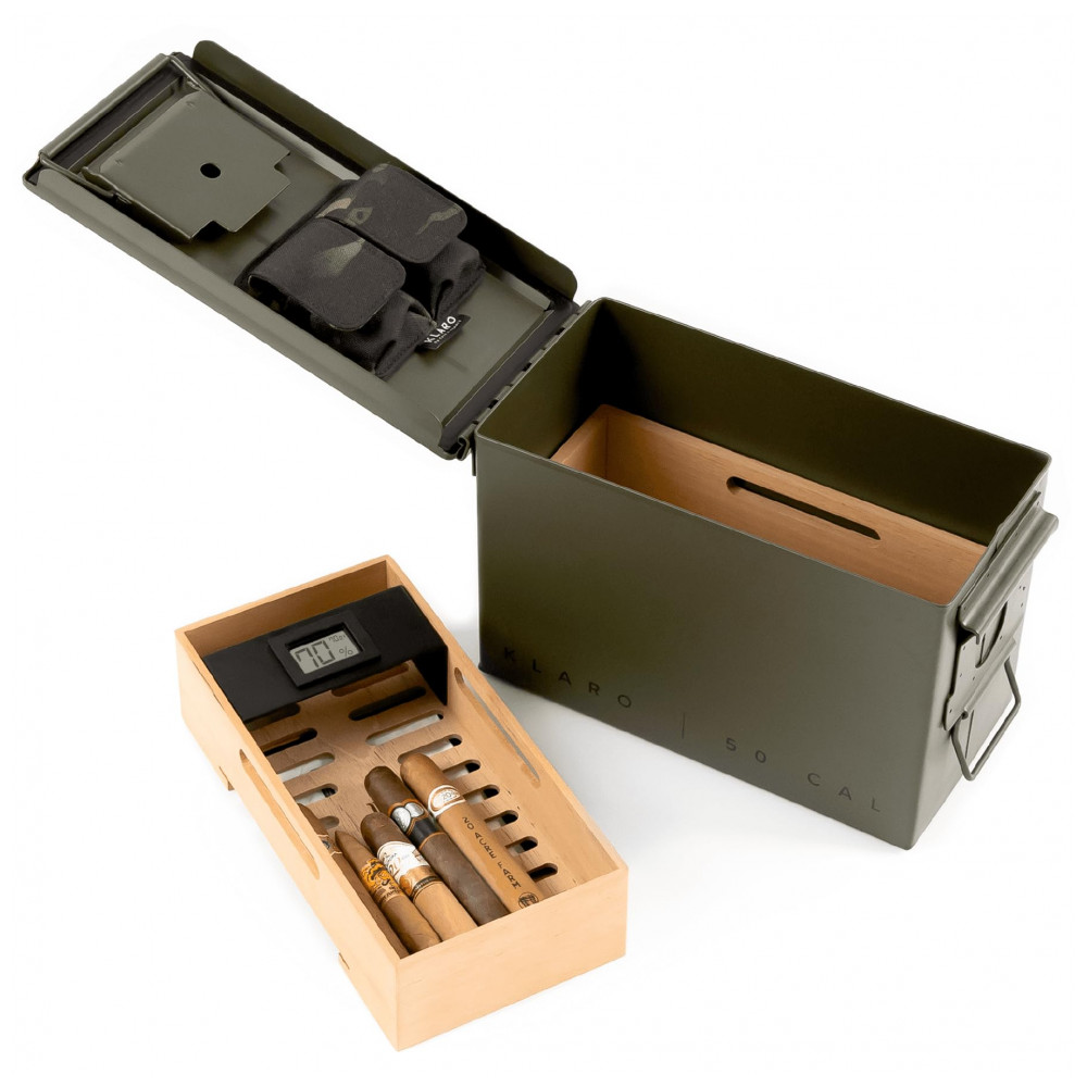 Humidor Militar CASE ELEGANCE Verde Militar 50 Charutos Cedro Espanhol Higrômetro Digital