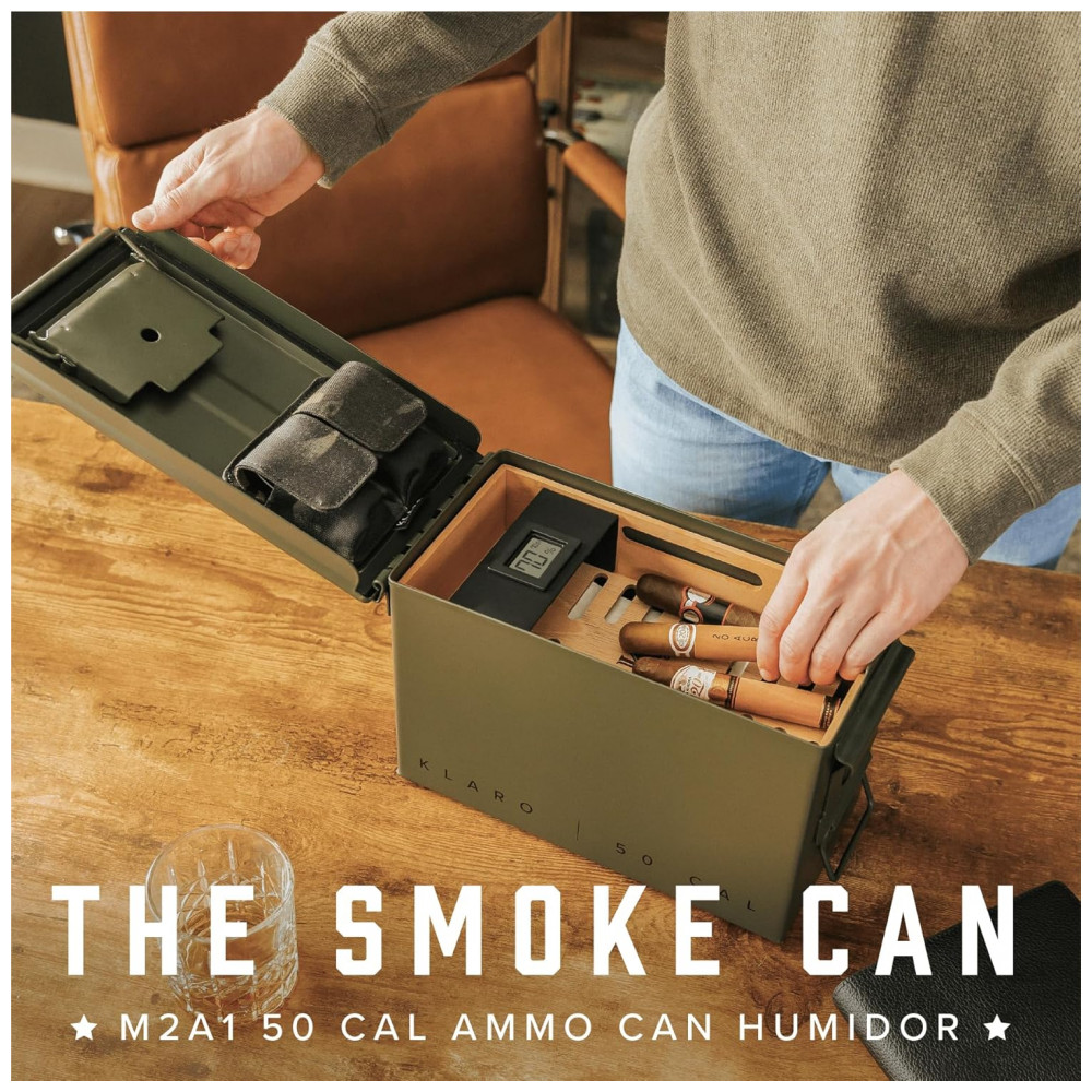 Humidor Militar CASE ELEGANCE Verde Militar 50 Charutos Cedro Espanhol Higrômetro Digital