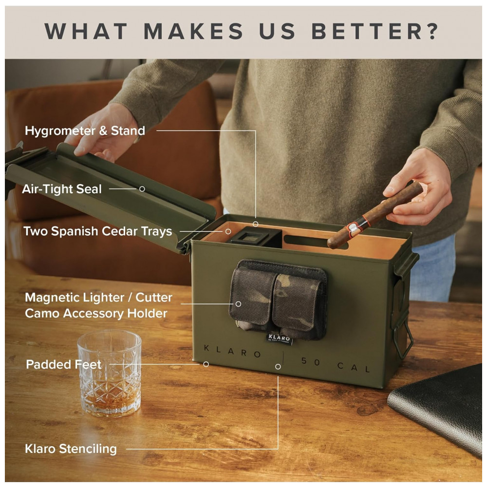 Humidor Militar CASE ELEGANCE Verde Militar 50 Charutos Cedro Espanhol Higrômetro Digital