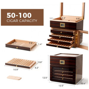 Humidor Gabinete Woodronic Ébano com LED para 100 Charutos Cedro Espanhol Higrômetro Digital