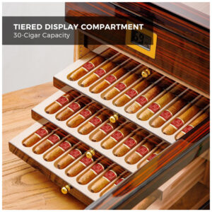 Humidor Gabinete Woodronic Ébano com LED para 100 Charutos Cedro Espanhol Higrômetro Digital