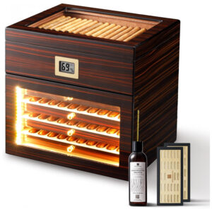 Humidor Gabinete Woodronic Ébano com LED para 100 Charutos Cedro Espanhol Higrômetro Digital