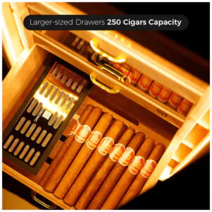 Humidor Woodronic Ébano Brilhante 250 Charutos Gaveta Acessórios Trava LED