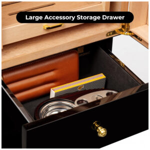 Humidor Woodronic Ébano Brilhante 250 Charutos Gaveta Acessórios Trava LED