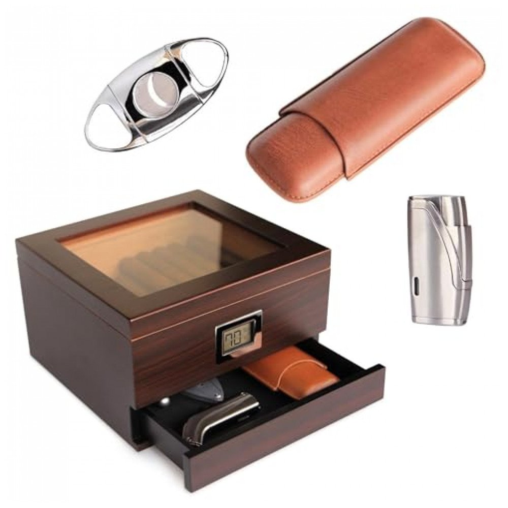 Humidor para Charutos Case Elegance Renzo Marrom com Tampa de Vidro, Isqueiro, Cortador e Estojo