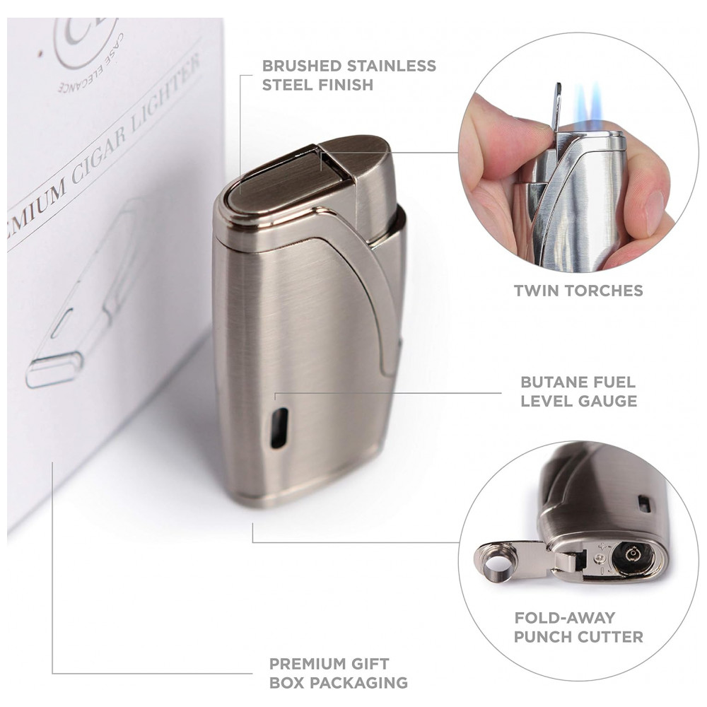 Humidor para Charutos Case Elegance Renzo Marrom com Tampa de Vidro, Isqueiro, Cortador e Estojo