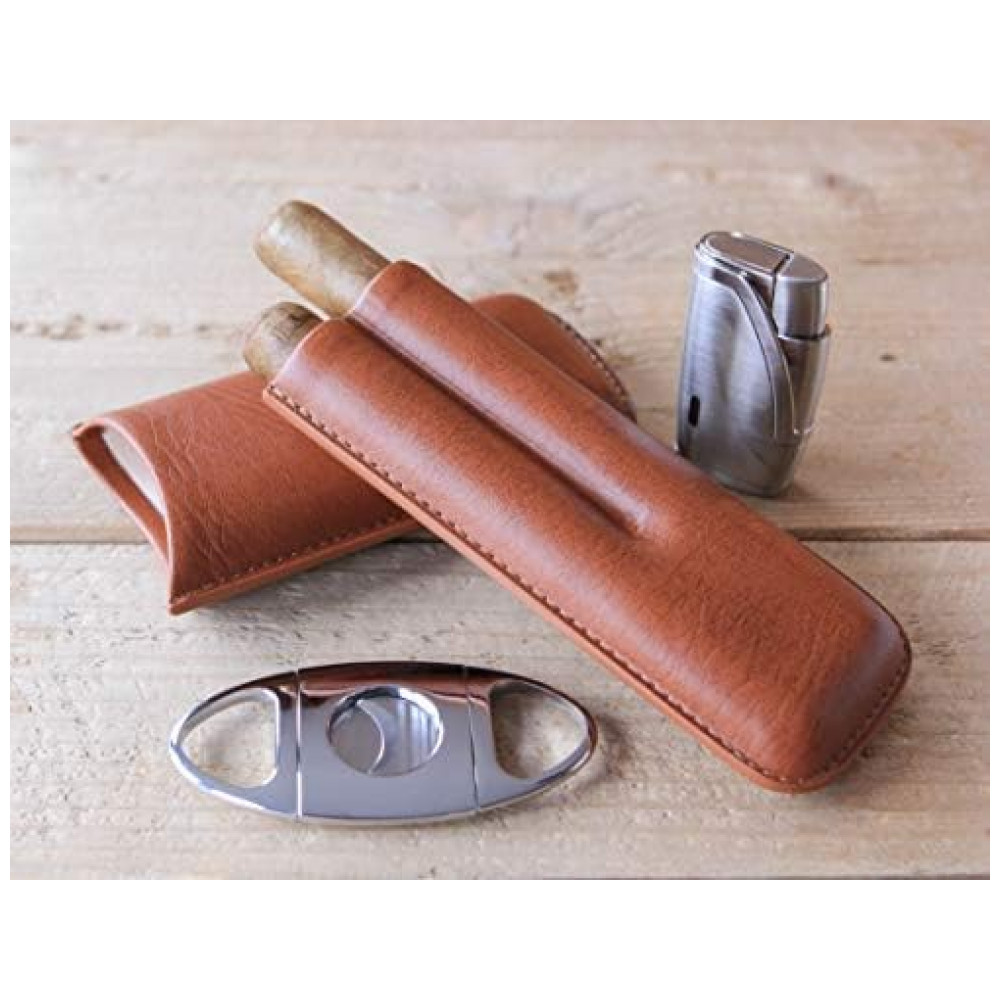 Humidor para Charutos Case Elegance Renzo Marrom com Tampa de Vidro, Isqueiro, Cortador e Estojo