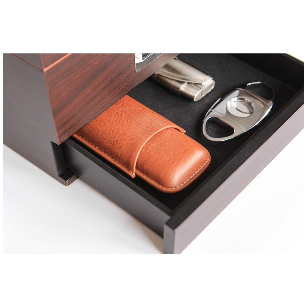 Humidor para Charutos Case Elegance Renzo Marrom com Tampa de Vidro, Isqueiro, Cortador e Estojo