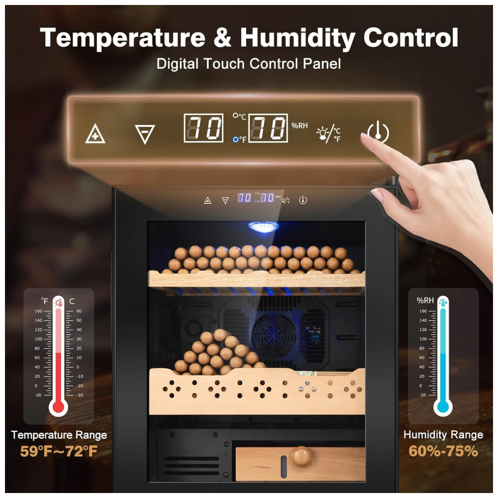 Humidificador Charutos Elétrico FoMup 50L Preto Controle Digital Cedro Espanhol 115V