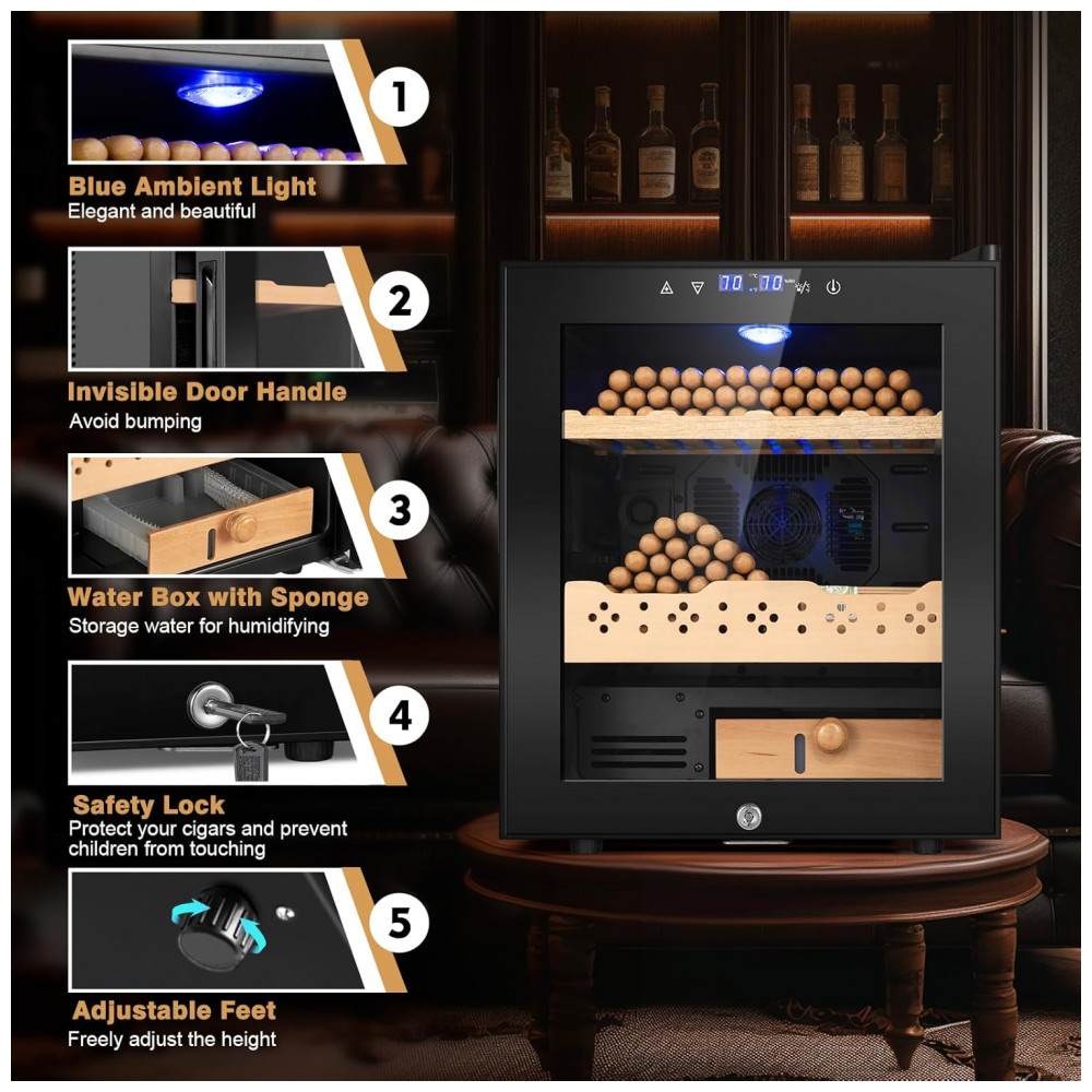 Humidificador Charutos Elétrico FoMup 50L Preto Controle Digital Cedro Espanhol 115V