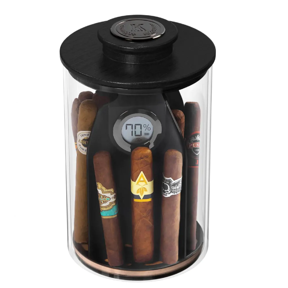 CASE ELEGANCE Cylindor Humidor Tupperdor Hermético com Higrômetro Digital, Tampa de Madeira Ashwood e Sistema Divisor Capacidade para 25 35 Charutos