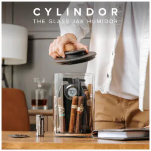 CASE ELEGANCE Cylindor Humidor Tupperdor Hermético com Higrômetro Digital, Tampa de Madeira Ashwood e Sistema Divisor Capacidade para 25 35 Charutos