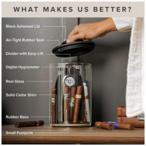 CASE ELEGANCE Cylindor Humidor Tupperdor Hermético com Higrômetro Digital, Tampa de Madeira Ashwood e Sistema Divisor Capacidade para 25 35 Charutos