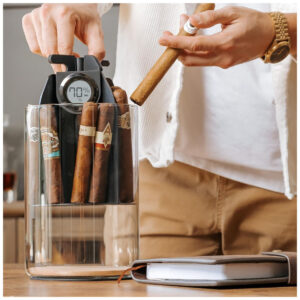 CASE ELEGANCE Cylindor Humidor Tupperdor Hermético com Higrômetro Digital, Tampa de Madeira Ashwood e Sistema Divisor Capacidade para 25 35 Charutos