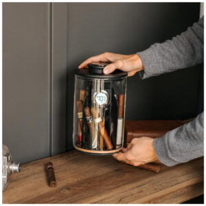 CASE ELEGANCE Cylindor Humidor Tupperdor Hermético com Higrômetro Digital, Tampa de Madeira Ashwood e Sistema Divisor Capacidade para 25 35 Charutos