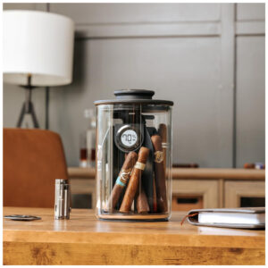 CASE ELEGANCE Cylindor Humidor Tupperdor Hermético com Higrômetro Digital, Tampa de Madeira Ashwood e Sistema Divisor Capacidade para 25 35 Charutos