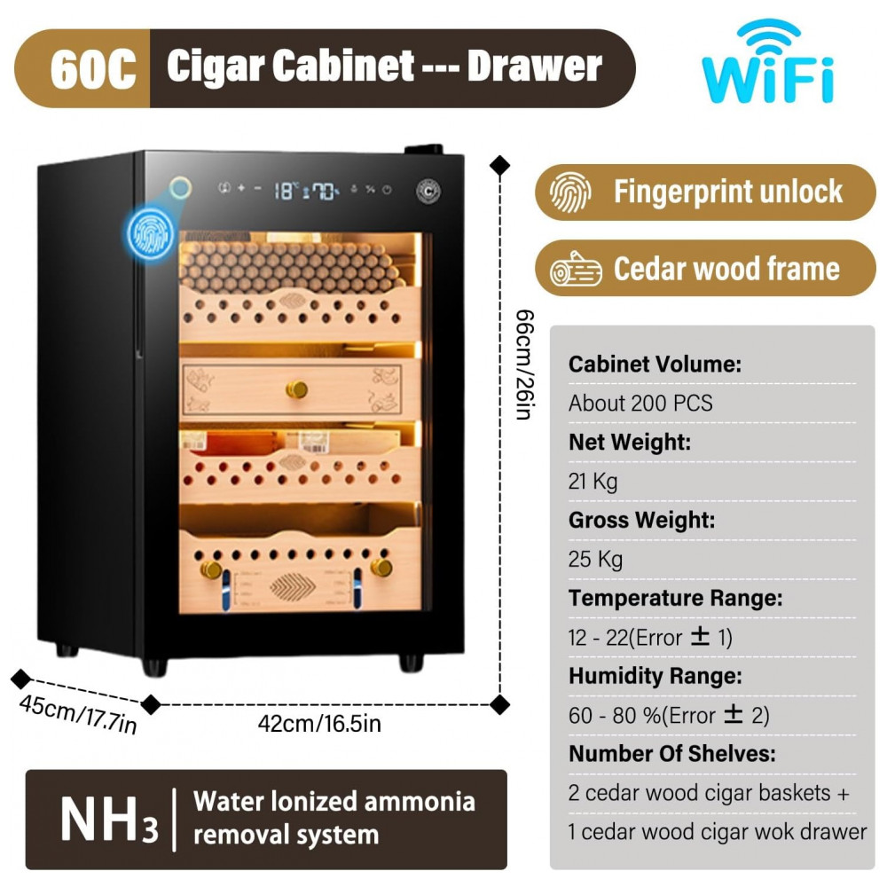 Humidor Elétrico PRECISTECH com Trava Biométrica 200 Cigarros 60L WiFi 240V