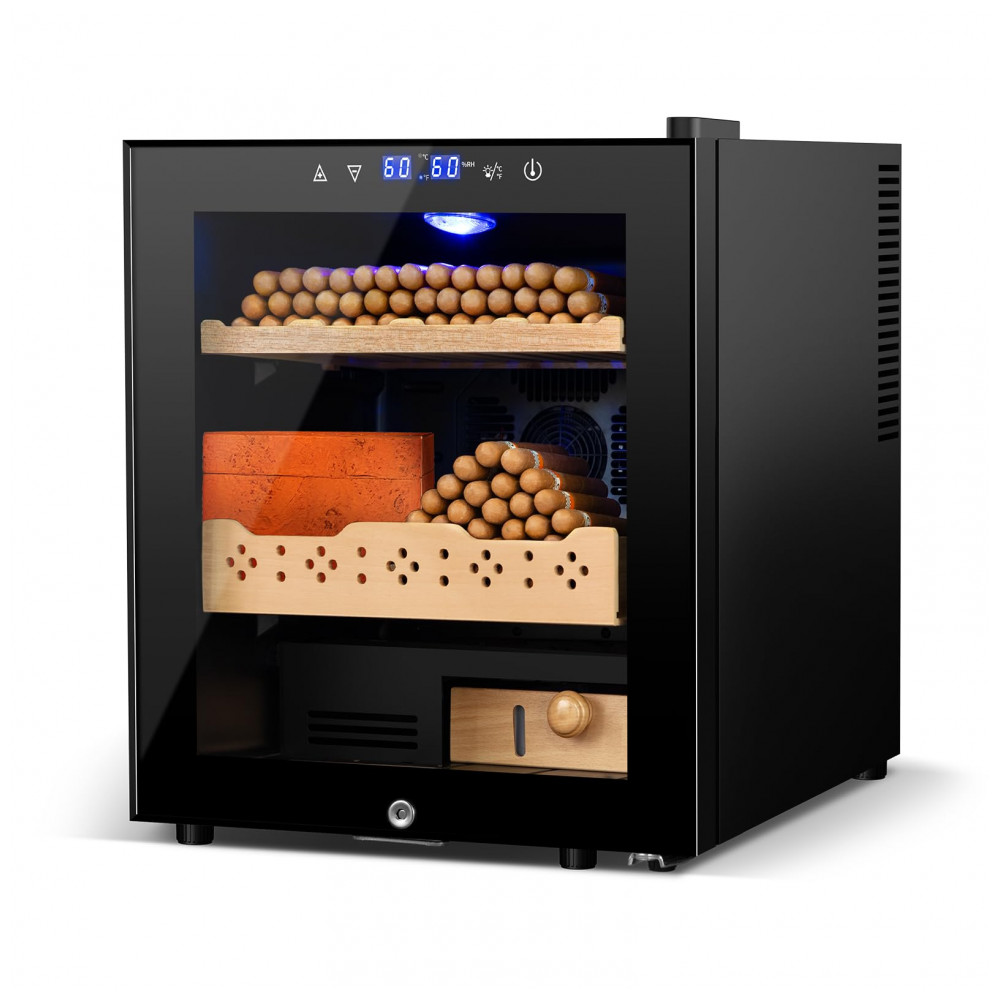 Humidor Elétrico Velieta Aço Inoxidável Preto 50L 300 Charutos Controle Digital Temperatura Umidade 115V