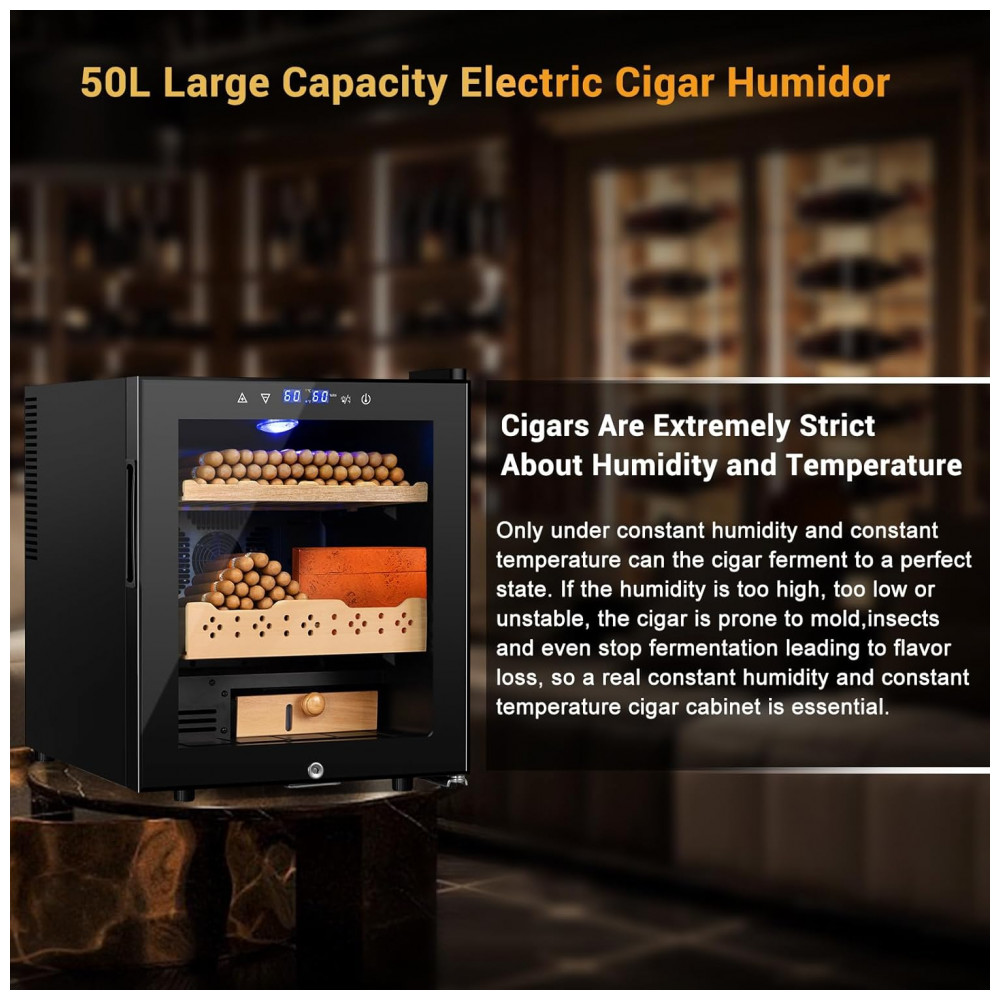 Humidor Elétrico Velieta Aço Inoxidável Preto 50L 300 Charutos Controle Digital Temperatura Umidade 115V