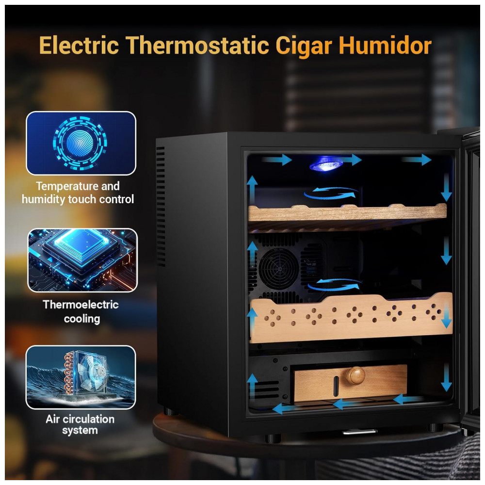 Humidor Elétrico Velieta Aço Inoxidável Preto 50L 300 Charutos Controle Digital Temperatura Umidade 115V