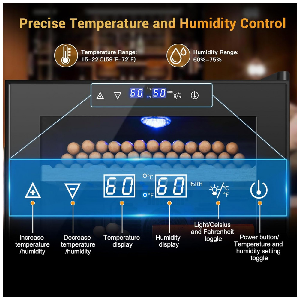 Humidor Elétrico Velieta Aço Inoxidável Preto 50L 300 Charutos Controle Digital Temperatura Umidade 115V