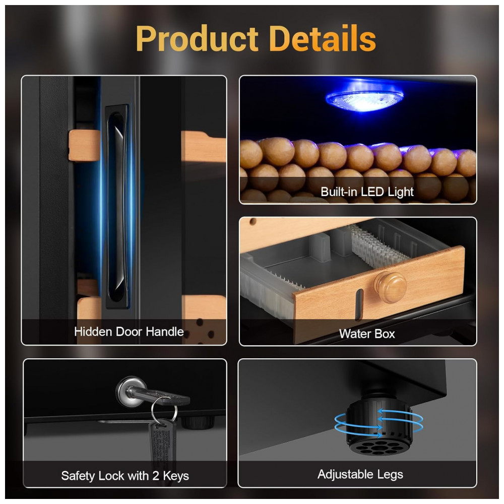 Humidor Elétrico Velieta Aço Inoxidável Preto 50L 300 Charutos Controle Digital Temperatura Umidade 115V