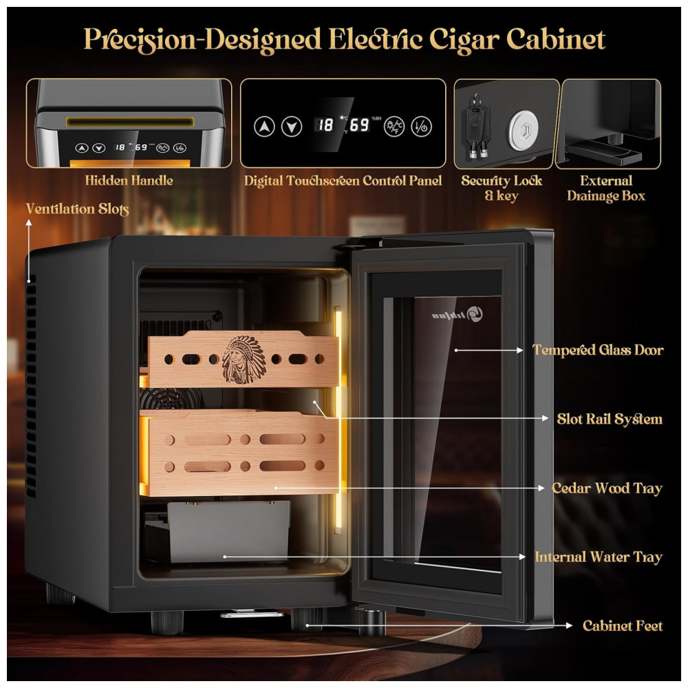 Humidor Elétrico LIHTUN 16L Preto para 100 Charutos com Controle Digital de Temperatura e Umidade 110V
