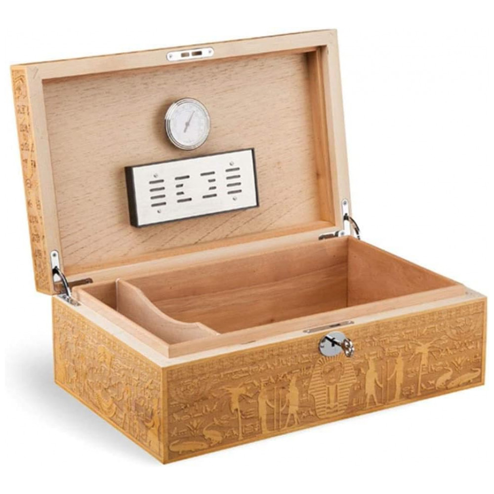 Humidor HANDIYA Dourado 70 Charutos com Higrômetro e Madeira de Cedro 36x23x13cm