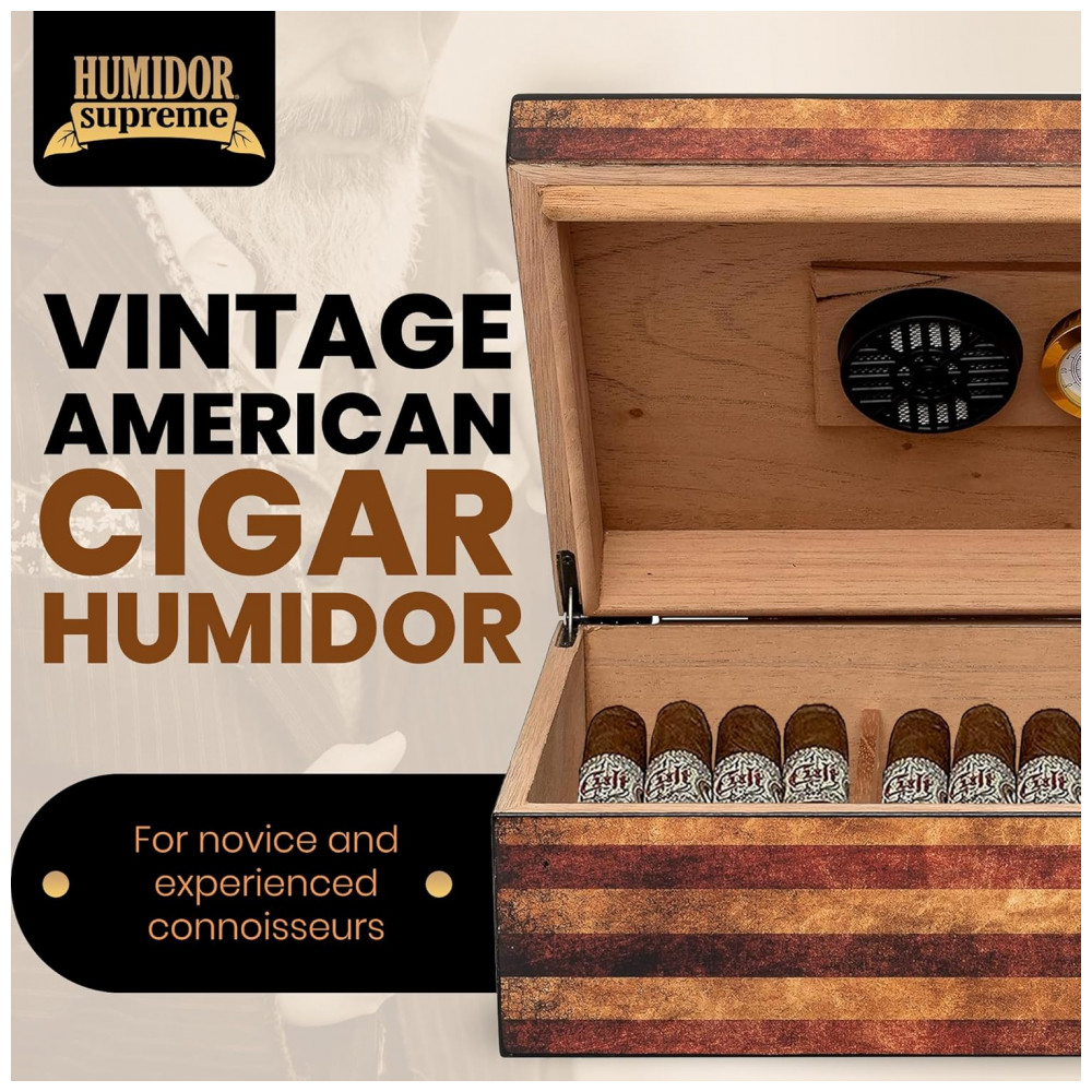 Humidor Old Glory Quality Importers Azul com Bandeira Americana Envelhecida Capacidade 25 50 Charutos