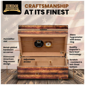 Humidor Old Glory Quality Importers Azul com Bandeira Americana Envelhecida Capacidade 25 50 Charutos