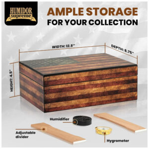 Humidor Old Glory Quality Importers Azul com Bandeira Americana Envelhecida Capacidade 25 50 Charutos