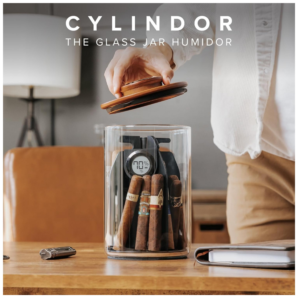 Humidor de Charutos Case Elegance Cylindor Marrom Vedação Hermética Tampa Acácia Sistema Divisório 25 35 Charutos