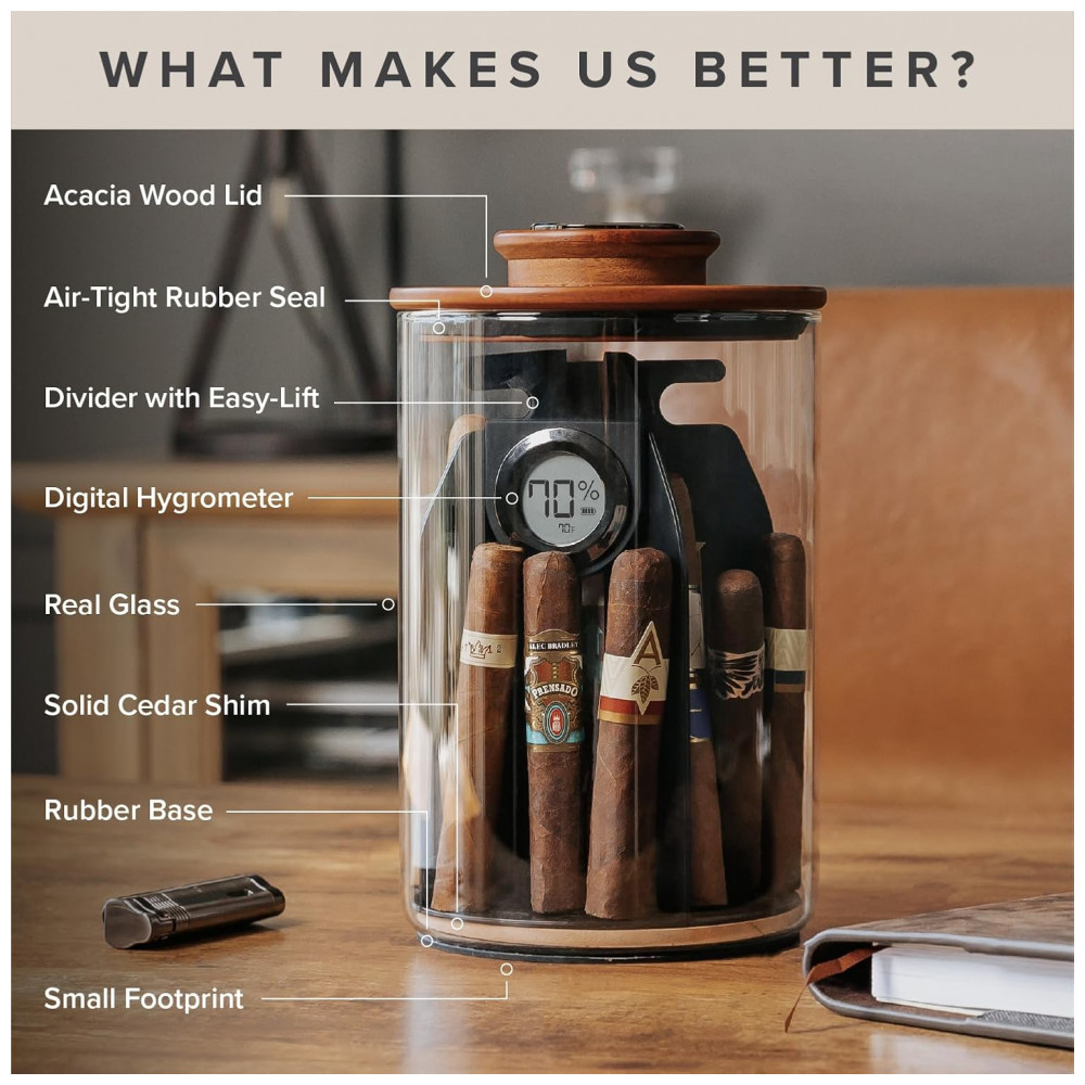 Humidor de Charutos Case Elegance Cylindor Marrom Vedação Hermética Tampa Acácia Sistema Divisório 25 35 Charutos
