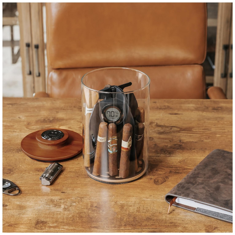 Humidor de Charutos Case Elegance Cylindor Marrom Vedação Hermética Tampa Acácia Sistema Divisório 25 35 Charutos