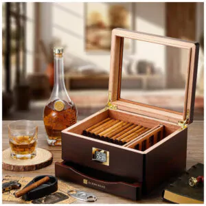 Humidor para Charutos GLENCREAG Marrom Escuro Avermelhado Capacidade 55 Unidades Cedro Espanhol Higrômetro Digital