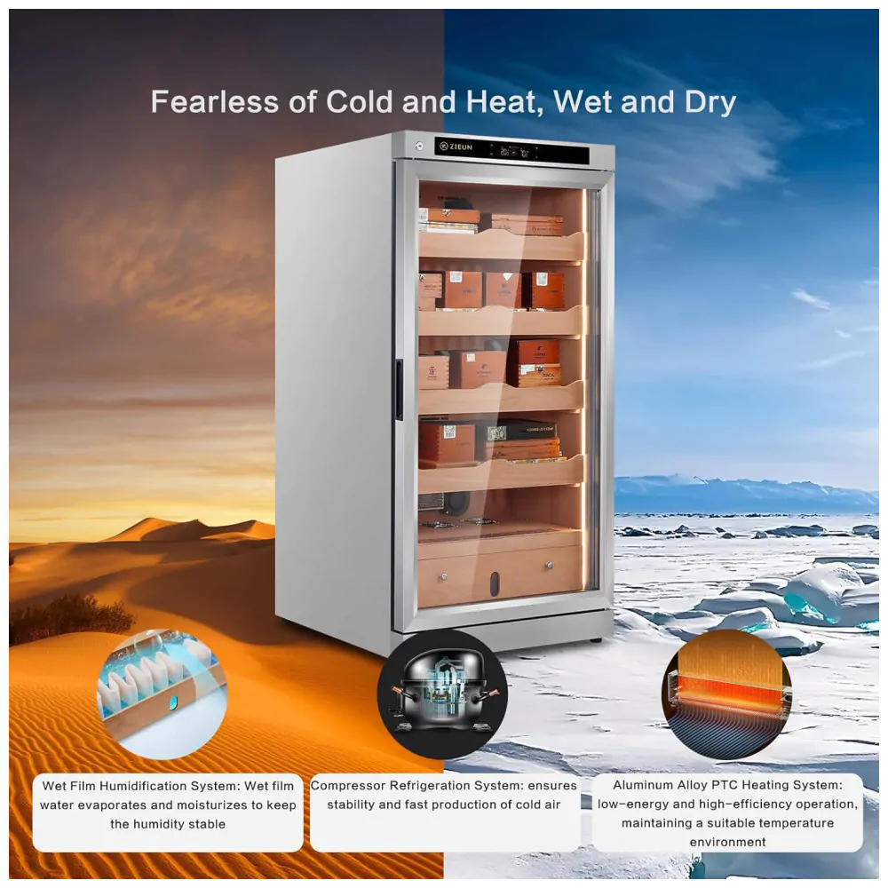 Humidor para Charutos ZIEUN Prata 300L Controle de Temperatura e Umidade com Sistema de Umidificação Integrado 110V