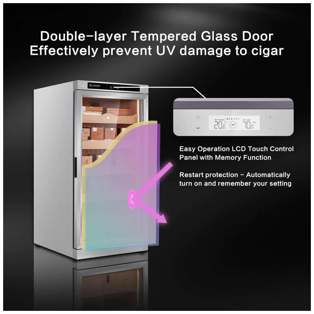 Humidor para Charutos ZIEUN Prata 300L Controle de Temperatura e Umidade com Sistema de Umidificação Integrado 110V