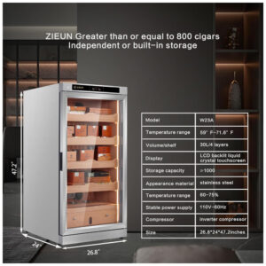 Humidor para Charutos ZIEUN Prata 300L Controle de Temperatura e Umidade com Sistema de Umidificação Integrado 110V